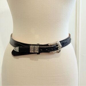 Vintage Black Genuine Reptile Belt With Silver Buckle